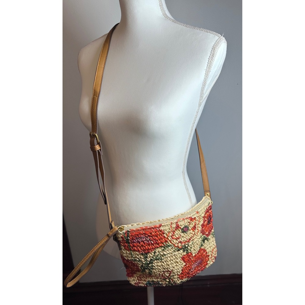 Style & Co Floral Poppy Woven Straw Crossbody Bag Beige Red Summer Boho